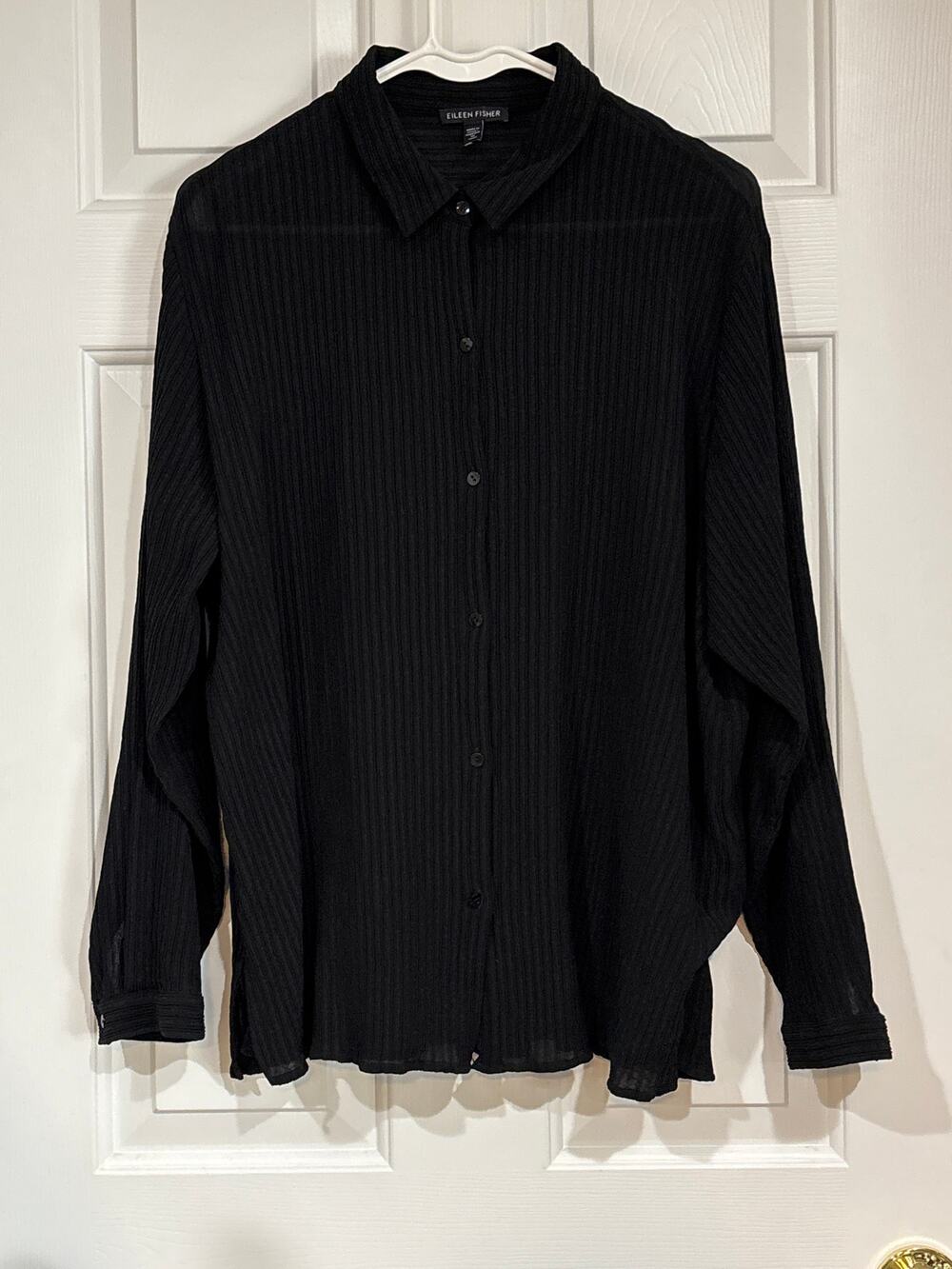 Eileen Fisher Sz XL Black 100% Silk Crinkled Long Sleeve Button Up Quiet Luxury
